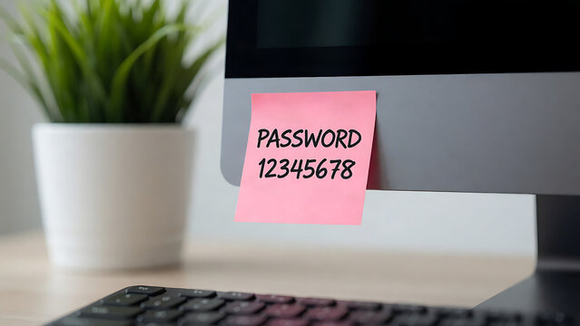 Pink sticky note with password written on computer monitor at office desk