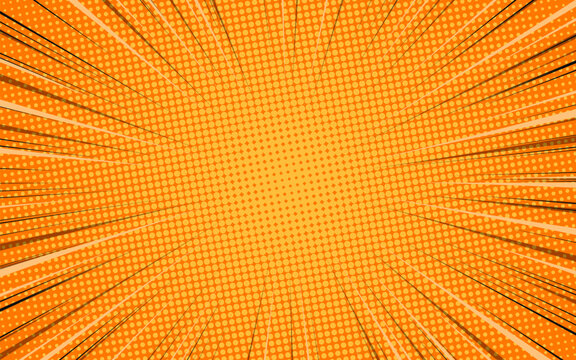 Pop art style comic book page background with blank space. Template with textured rays, dots, and halftone effects. Vector illustration.