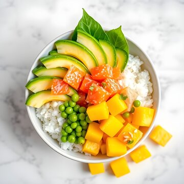 Fresh poke bowl featuring diced salmon mango cubes sliced avocado green peas served over white rice Hawaiian cuisine raw fish