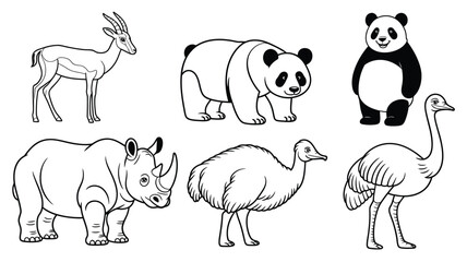 Obraz premium Set of black and white line animal featuring a gazelle, panda bear, rhinoceros, and ostrich on a white background, for educational coloring pages