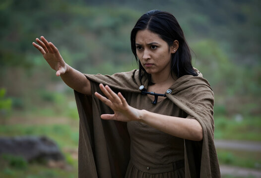 Fantasy roleplay and storytelling, young woman in medieval cloak performing magic spell with hand gestures in nature for creative film and gaming project