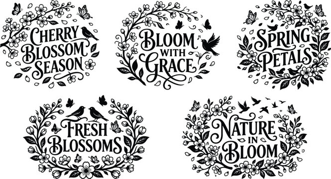 Collection of floral wreath designs with inspirational quotes and botanical illustrations