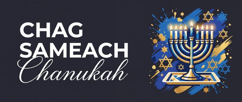 Hanukkah menorah Chag Sameach banner featuring glowing candles, Star of David symbols, and artistic blue and gold watercolor paint splashes for festive Jewish Chanukah holiday greeting card background