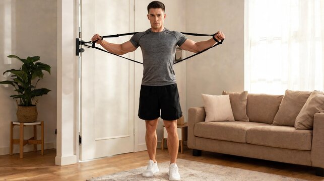 Fit Man Doing Strength Training with Resistance Bands in Bright Living Room