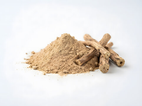 Ashwagandha powder pile with dried roots isolated on a white background