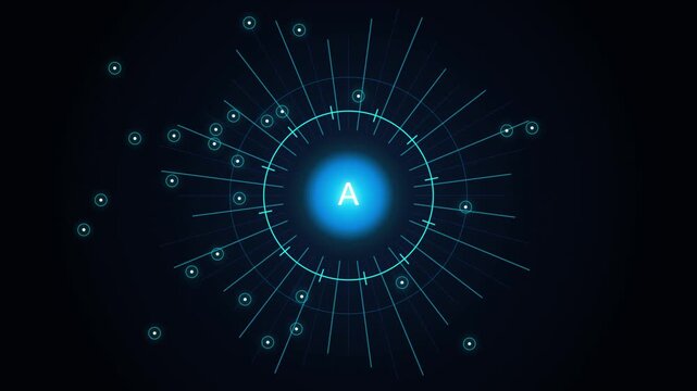 Abstract digital circle interface with glowing letter a and radiating light lines data hub futuristic design tech interface holographic display network center