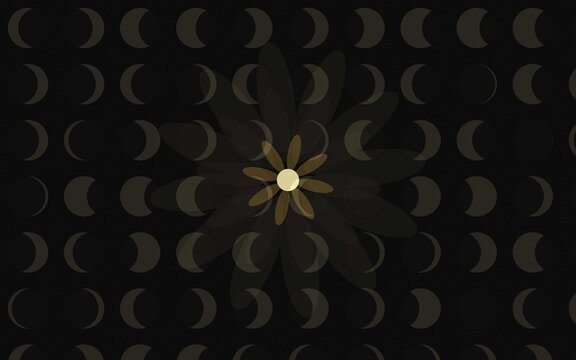 Dark background with moon phases and glowing flower center, mystical celestial theme for cosmic designs.