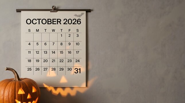 A monthly calendar for October 2026 hangs on a textured gray wall, prominently displaying the 31st with a carved jack-o'-lantern casting a spooky shadow below.