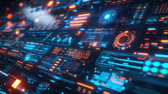 Futuristic digital dashboard interface displaying glowing data visualizations and complex information panels in dark space with abstract information technical glowing blue orange virtualization
