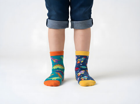 Child wearing mismatched colorful patterned socks standing on white background