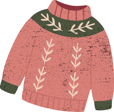 : Vintage textured coral Christmas sweater decorated with cream botanical branches and contrasting olive green accents.