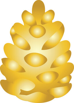 Shiny golden pine cone illustration with stylized layered scales and glowing metallic highlights.