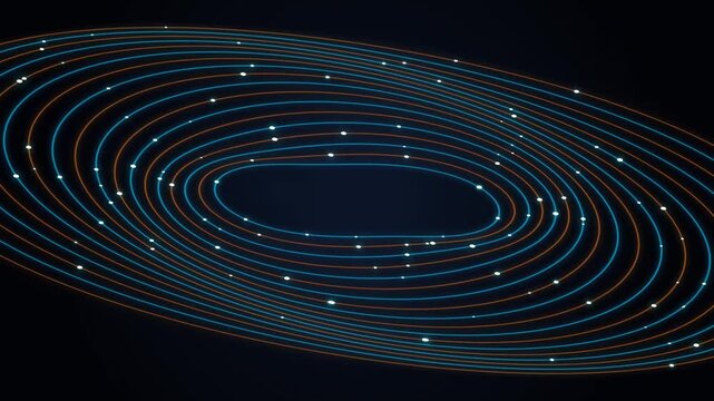 Abstract digital motion graphics showing concentric glowing light rings against a dark background glowing lights digital art light trails futuristic design circular paths