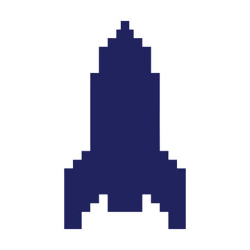 Simple blue pixel art rocket icon for space theme and retro video game design Vector