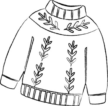 Black and white hand-drawn Christmas sweater featuring simple botanical branch motifs and ribbed knit details.