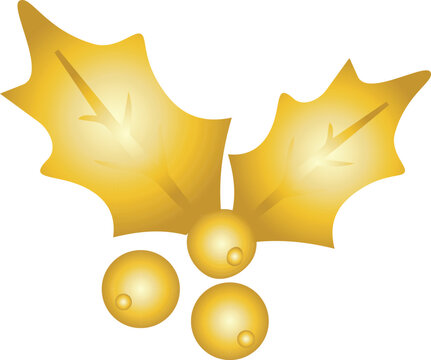 Shiny golden holly leaves with three metallic berries create an elegant festive Christmas botanical decoration.