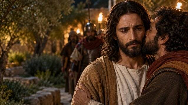 Jesus Christ as Judas kisses him in a garden while soldiers approach. Judas betrays Jesus before his arrest. Biblical Passion scene. Christian faith and Gospel narrative scripture.