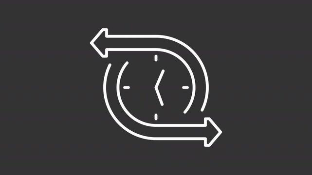 Release management white line animation. Clock with arrows animated outline icon. Software testing scheduling. Continuous process maintaining. Dark mode linear motion graphic loop