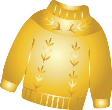 Shiny golden Christmas sweater decorated with elegant botanical branch motifs and glowing metallic details.