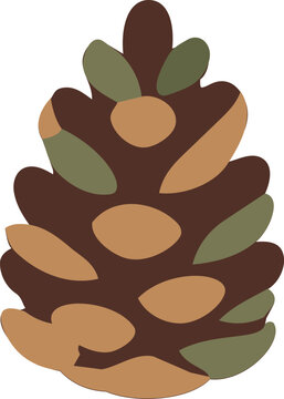 Minimal flat illustration of a decorative pine cone featuring warm brown, muted green, and golden botanical shapes.