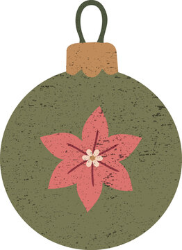 Vintage textured Christmas bauble in olive green decorated with a coral poinsettia flower and distressed grunge details.