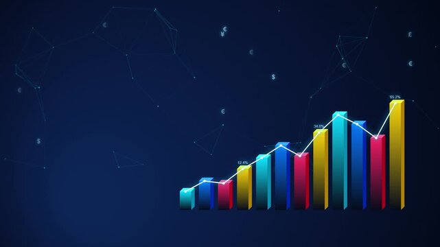 Financial growth bar chart with rising trend lines and global currency symbols on a dark digital interface stock market business graph economic data investment analysis profit visualization