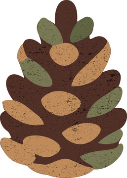 Rustic textured pine cone illustration featuring earthy brown, olive green, and warm golden decorative scales.