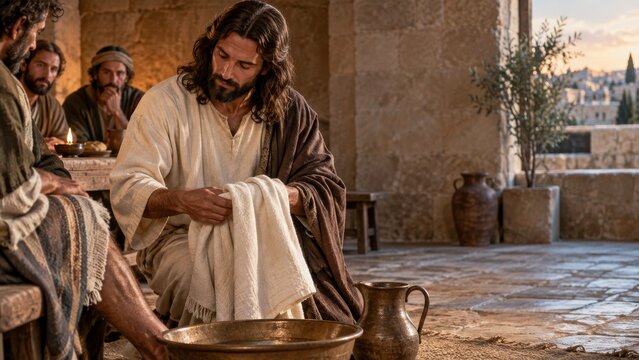 Jesus Christ washing a disciples feet in a biblical scene. The Washing of the Feet, Christian humility and service. New Testament teaching. Christian faith and servant leadership.