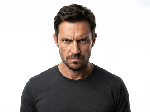 Serious mature man with beard wearing a dark t-shirt isolated on white background