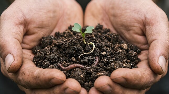 A small green sprout with a tiny worm emerges from a handful of rich, dark soil cupped gently in two human hands, symbolizing new life, growth, and sustainable agriculture.