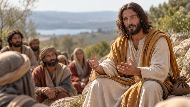 Jesus Christ teaching followers outdoors on a hillside. Biblical scene with disciples listening. Christian faith and scripture. Gospel teaching, spiritual guidance and religious education.