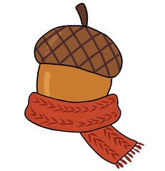 Cute brown acorn wearing a warm red knitted scarf vector illustration isolated on white background. Autumn oak nut clipart. © Noverina