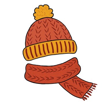 Knitted orange winter beanie hat and scarf vector illustration isolated on white background. Autumn warm clothes clipart.