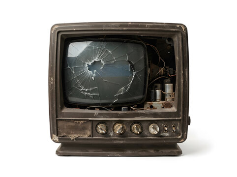 Broken vintage television set with a shattered screen isolated on white