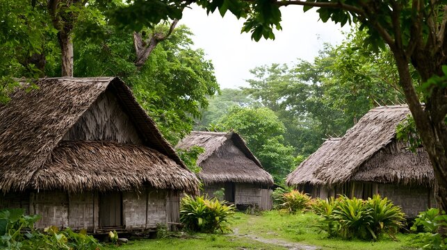 Traditional thatched roof huts nestled among lush green trees in a serene tropical village setting