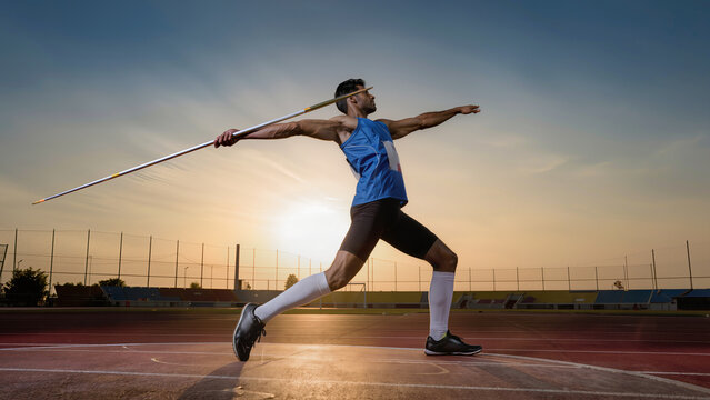 Professional Indian Male Athlete Preparing to Throw Javelin on Sports Track Stadium at Sunset