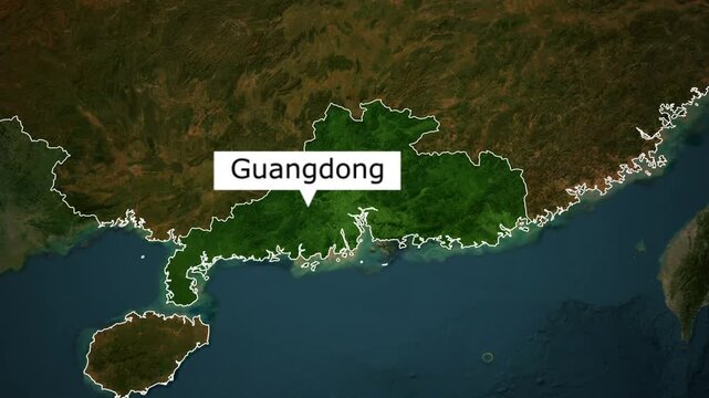 Animated satellite map zooming into Guangdong province in China with highlighted borders