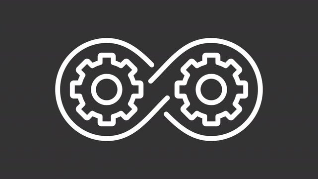 Devops white line animation. Intersected cogwheels animated outline icon. Workflow integration efficiency. Development and operations in coding. Dark mode linear motion graphic loop