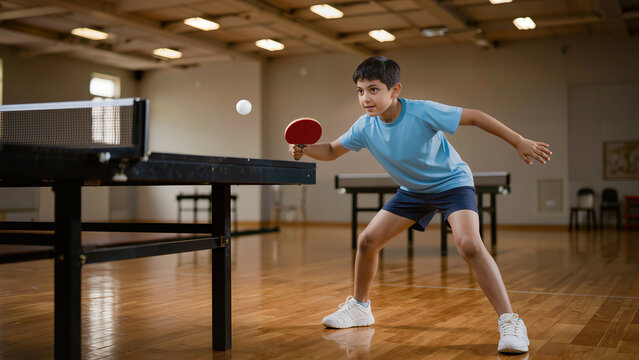 Focused Young Indian Boy Playing Table Tennis Match in Indoor Sports Academy Center Venue