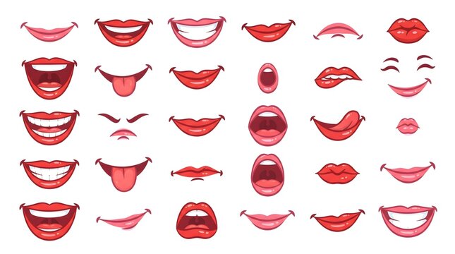 Cartoon mouth expressions set with glossy lips