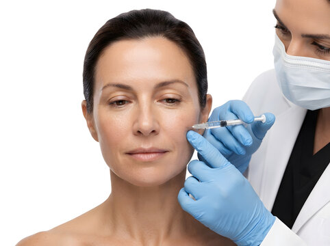 Dermatologist performing facial filler injection on a mature woman in a clinic