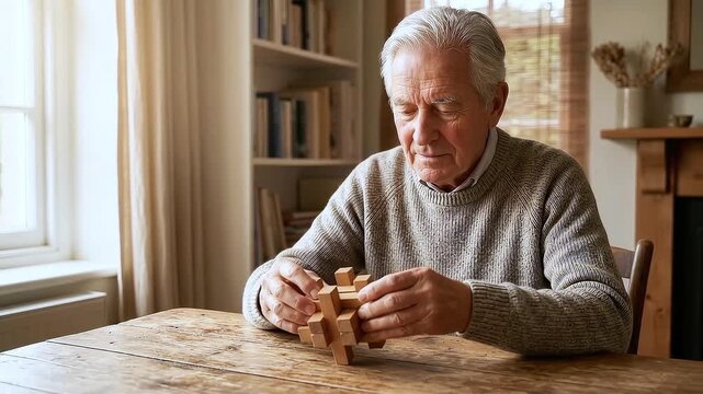Senior man focused on wooden puzzle showing cognitive engagement.