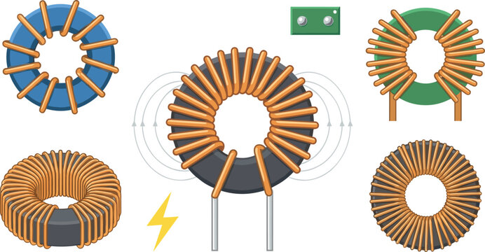 Toroidal Inductor Coils Typology and Electronic Ferrite Ring Core Vector Set