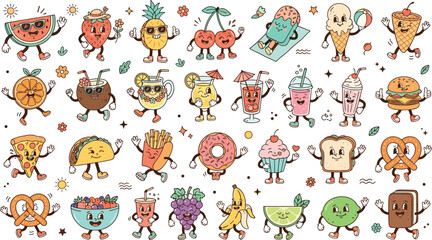 Obraz premium Vintage Groovy Cartoon Food and Fruit Character Collection with Cute Expressive Faces for Kids Menu Stickers Fast Food Branding and Retro Style Designs