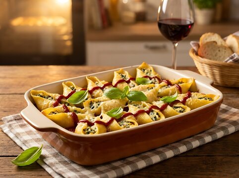 Baked stuffed pasta shells with cheese and basil in a ceramic dish on a rustic wooden table