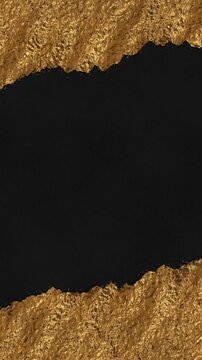 Torn gold leaf gently ripples over textured black paper with shimmering highlights and central copy space, vertical video seamless loop