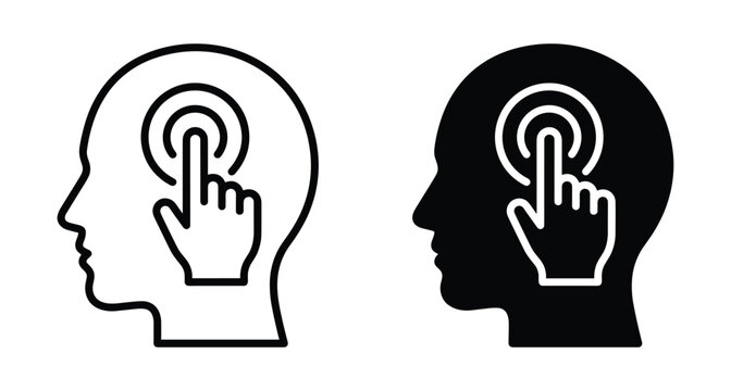 Human head profile with hand finger touching target button icon representing mental activation psychology mind control and cognitive process