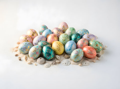 Decorative painted Easter eggs arranged on beach sand with seashells