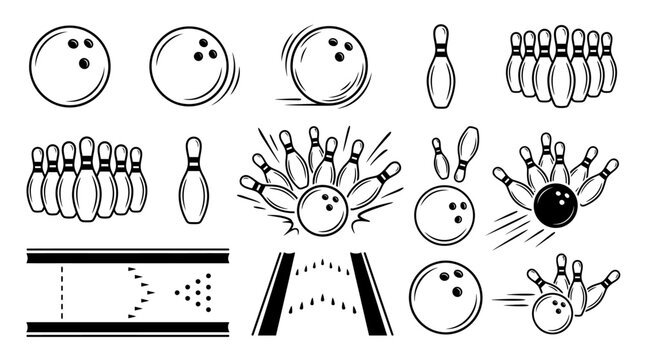Bowling game elements set with pins and balls in various actions.