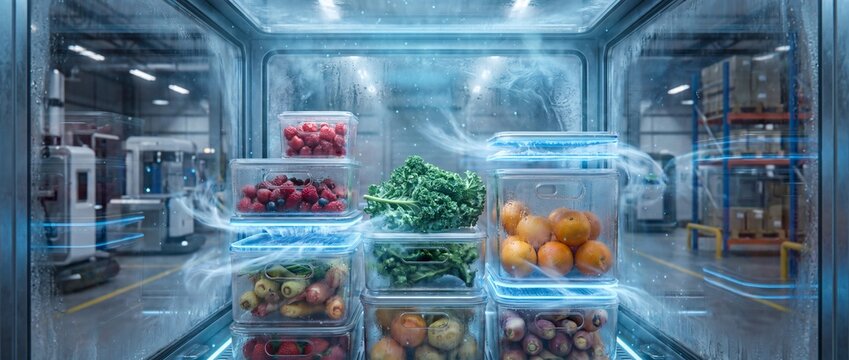 Transparent refrigerator display showing organized compartments filled with fresh produce and colorful fruits inside a cold industrial warehouse environment for retail food storage solutions.